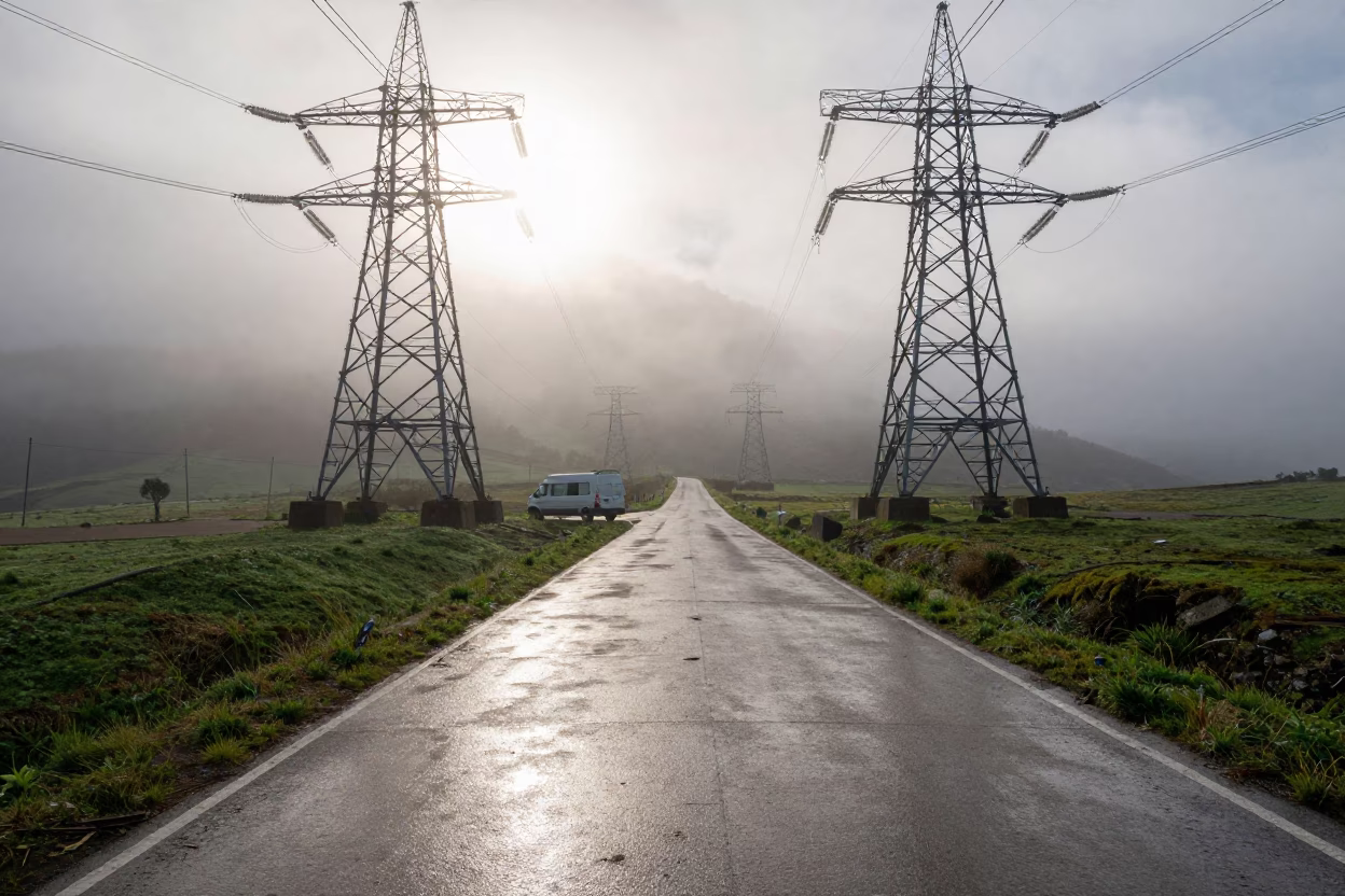 Wind Farm Road Vanishing Into Thick Hill Fog in beneath transmission towers in Asturias