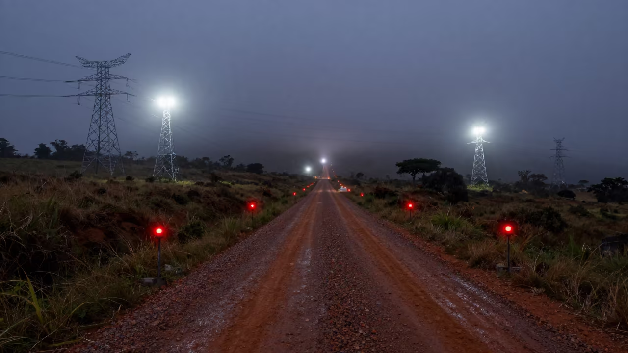 Wind Farm Road Vanishing Through Fog Under Towers in beneath transmission towers in Tanzania