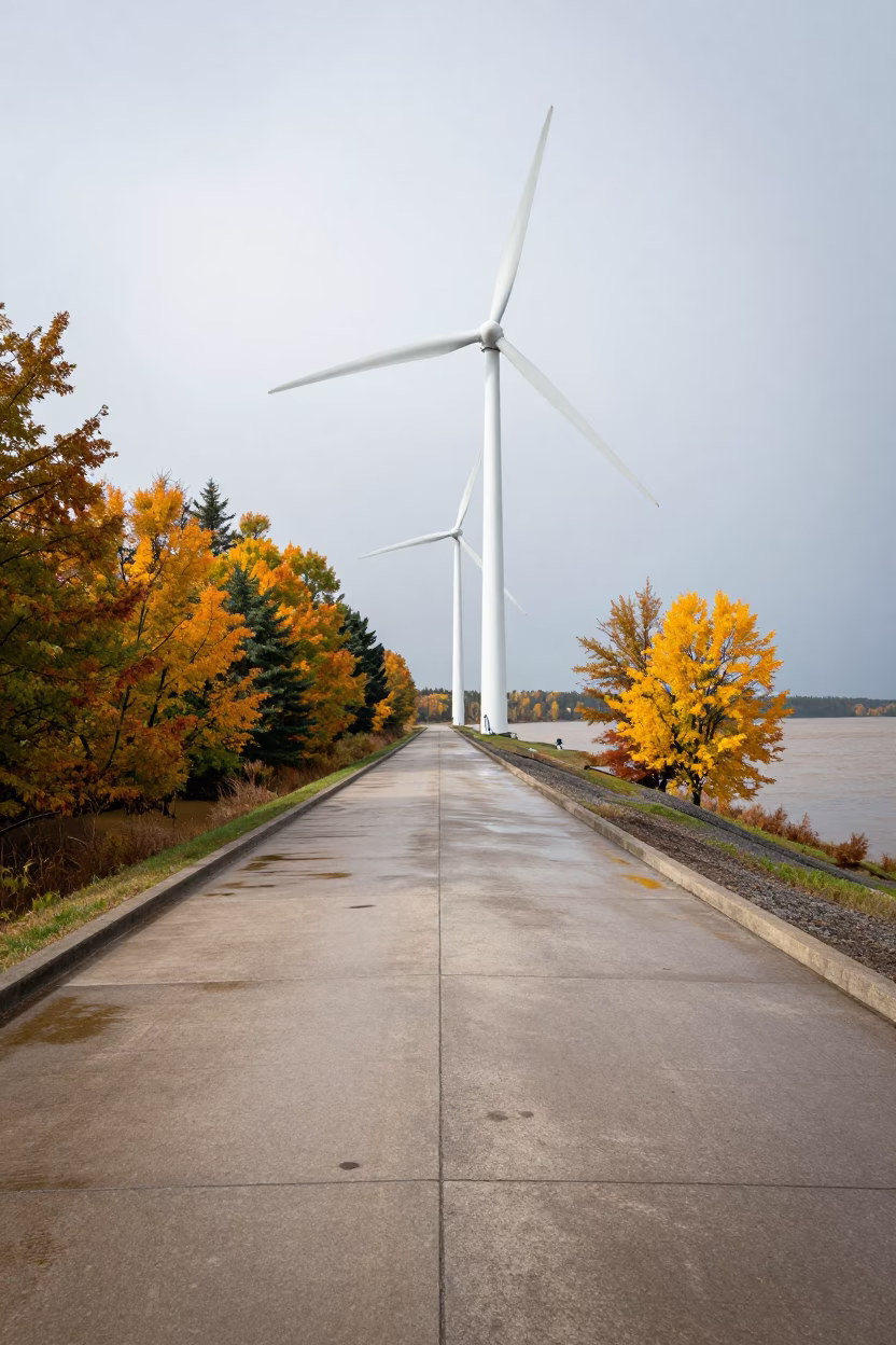 Wind Farm Service Road Beneath Turning Blades in along a levee path above floodwater in Washington