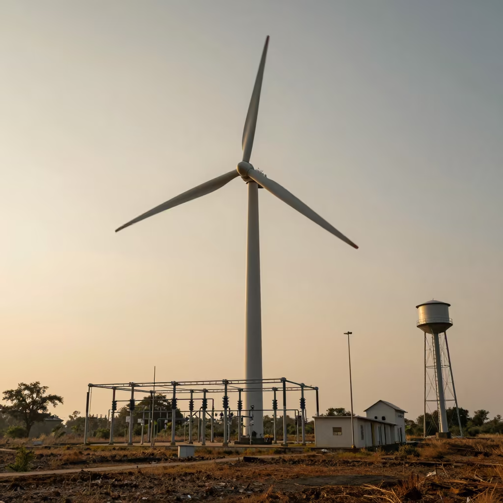 Wind Farm Substation Under Blades in Telangana in beside a water tower ladder in Telangana