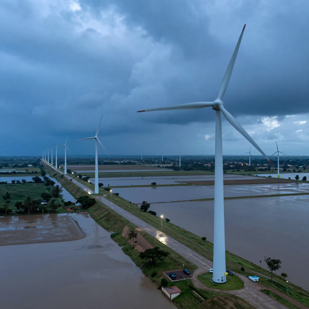 Wind Farm Turbines Over Flooded Cameroonian Levee in along a levee path above floodwater in Cameroon