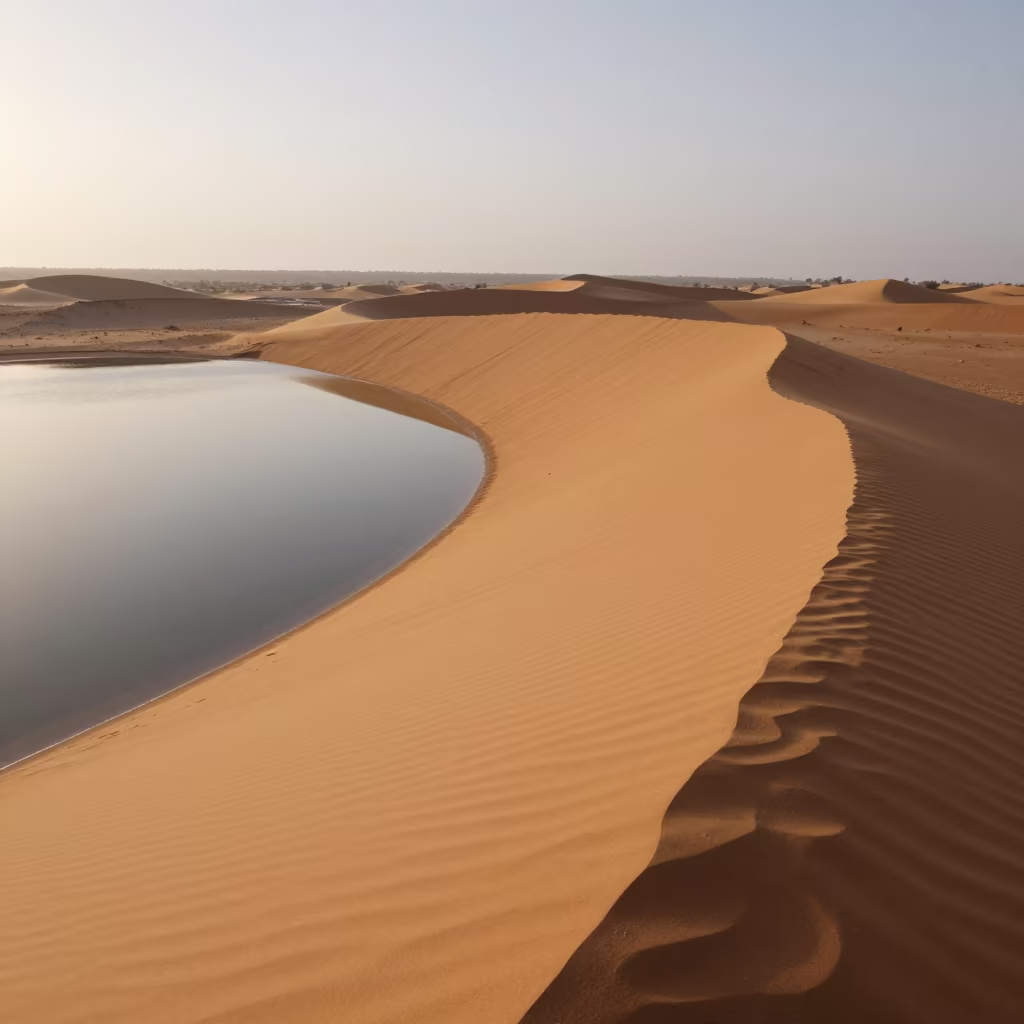Wind Sculpted Dune Beside Frost Pool Evening Shade in near Maiduguri