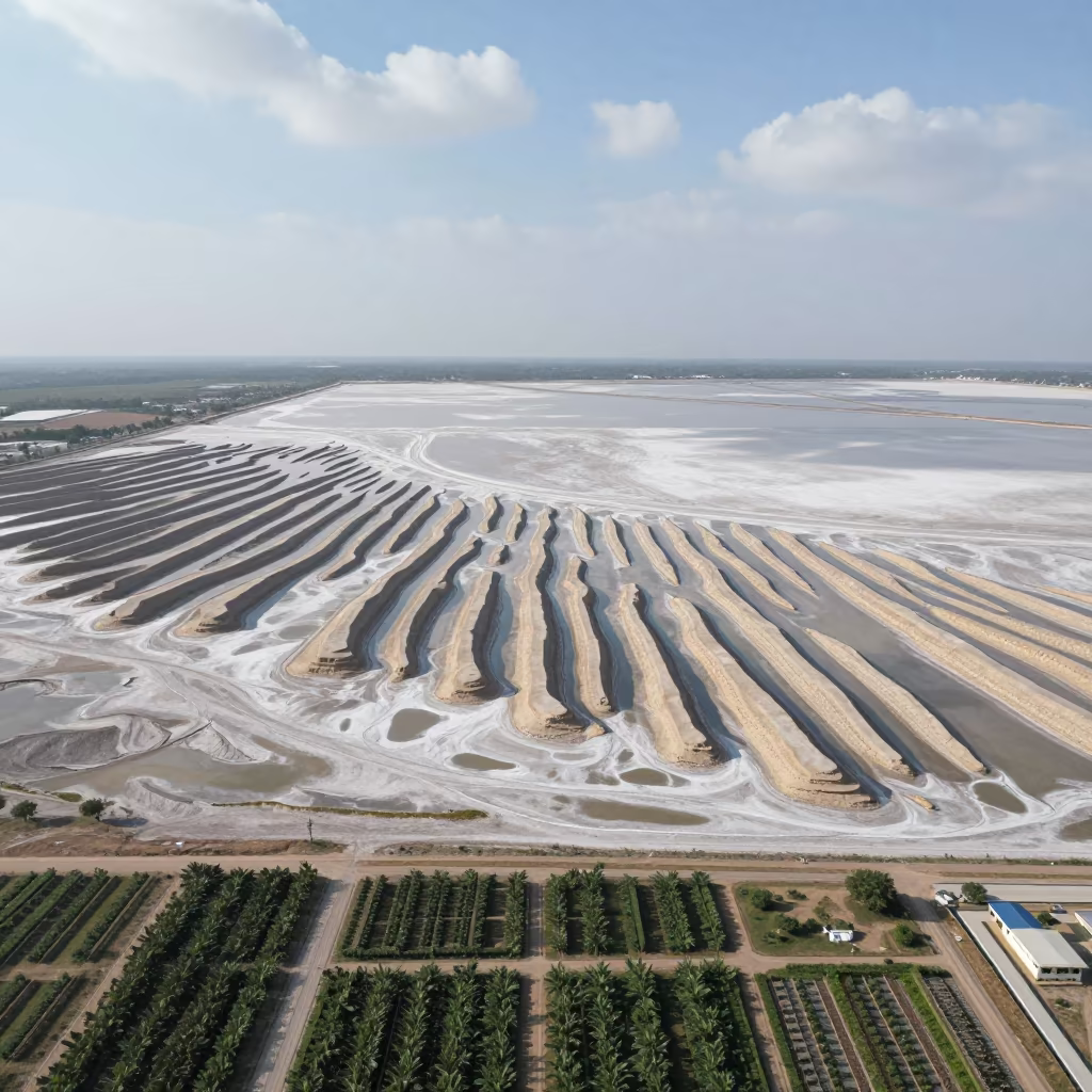 Wind Sculpted Yardangs Aerial Salt Flat View in far above orchard blocks and irrigation lines in Uttar Pradesh