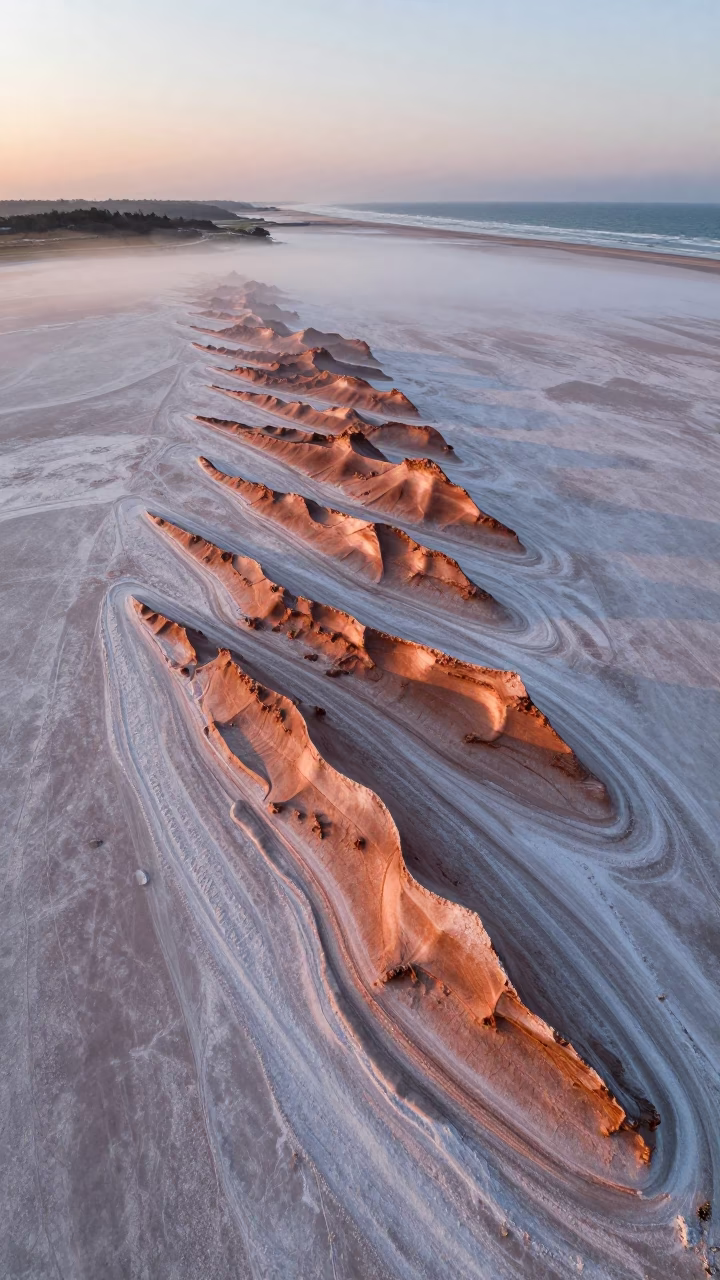 Wind Sculpted Yardangs on Brittany Salt Flats in far above surf-scalloped coastline in Brittany