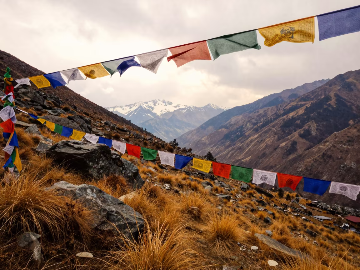 Wind-Swept Prayer Flags on Autumn Mountain Pass Near Shimla in along a high mountain pass beneath prayer flags near Shimla