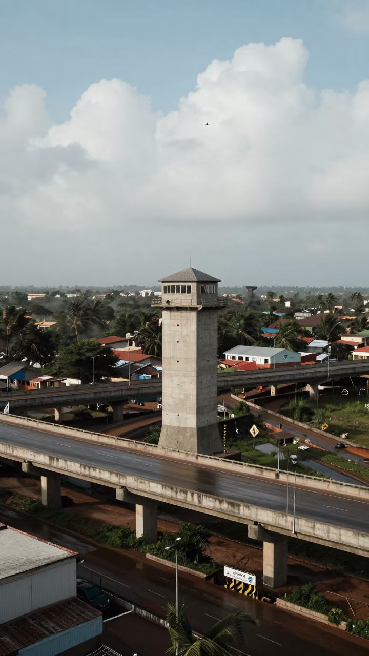 Wind Swept Reservoir Tower Over Lome Interchange in across a windy overpass interchange in Lome