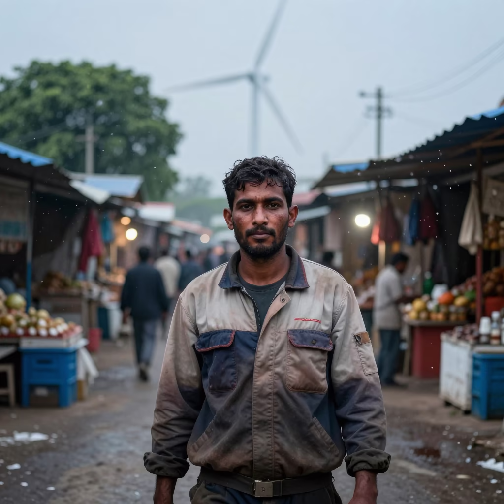 Wind Technician in Hisar Lane with Snow and Dusk Light in along a market lane in Hisar