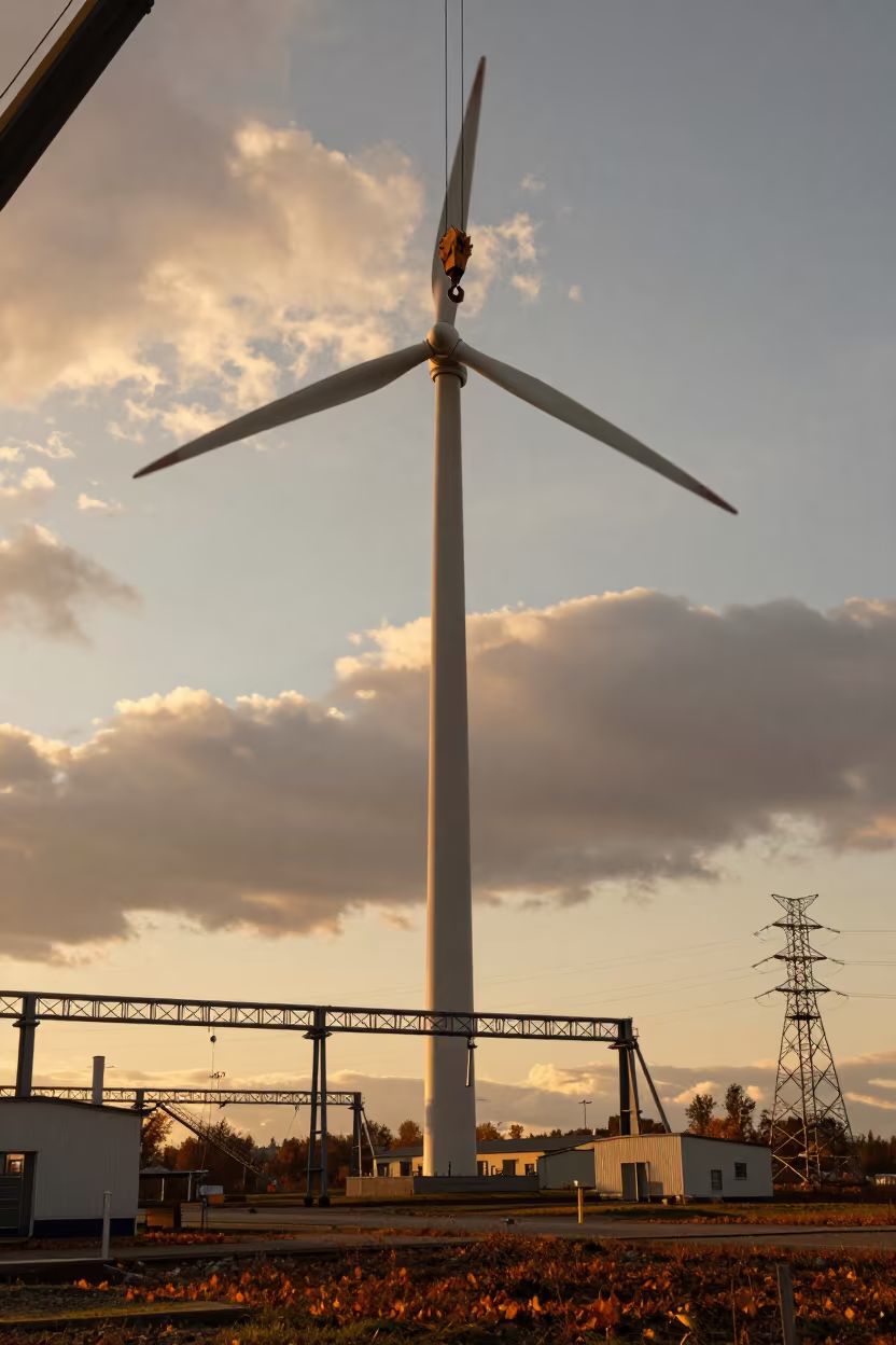 Wind Turbine Nacelle Lifted by Crane in under gantries and utility towers near Baia Mare