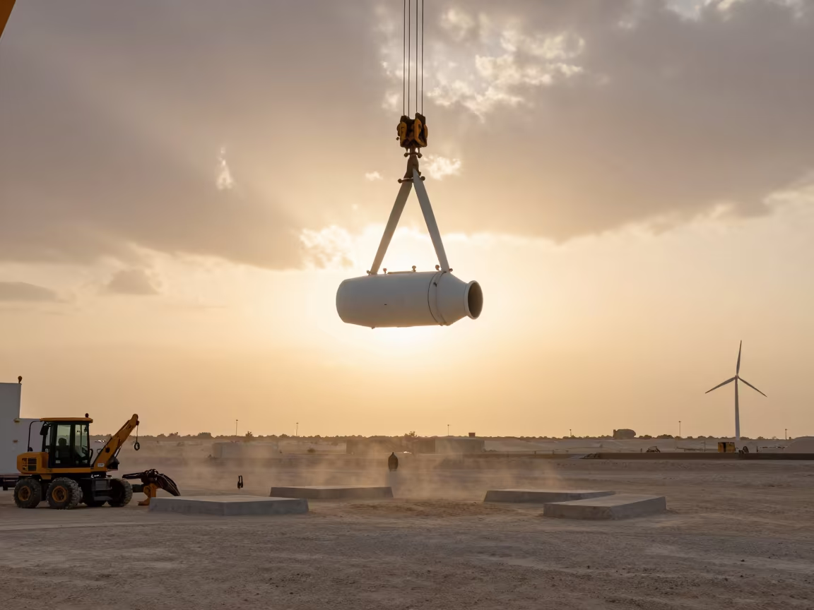 Wind Turbine Nacelle Lifted at Sunset in Bahrain in in Bahrain