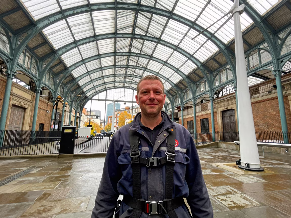 Wind Turbine Technician Portrait Covent Garden Autumn Rain in in Covent Garden, London