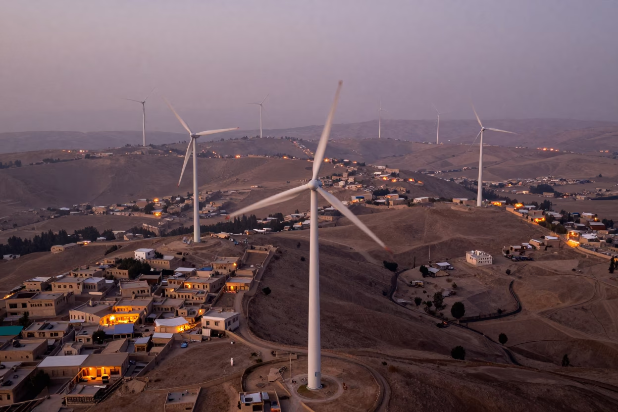 Wind Turbines Over Afghan Rooftops in Evening Mist in high above patterned rooftops in Afghanistan