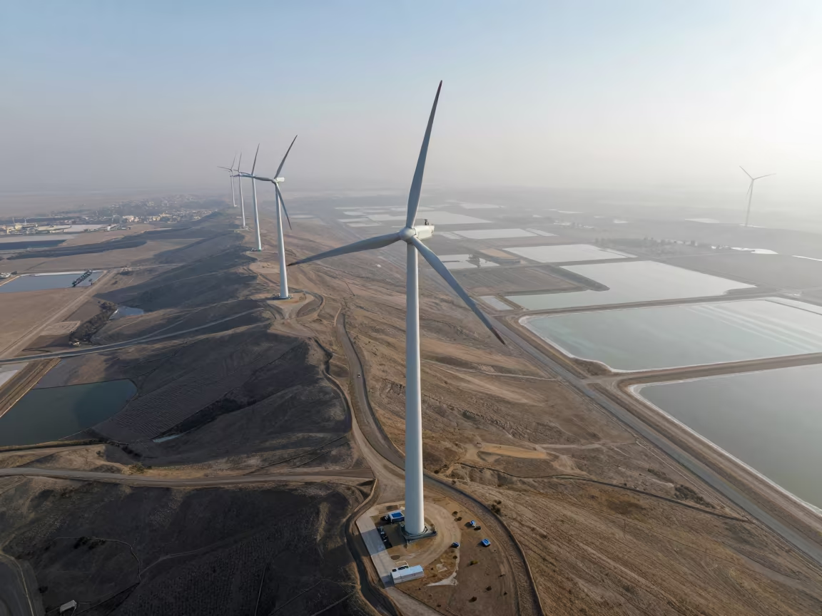Wind Turbines Over Kuwait Salt Ponds in high over salt ponds and causeways near Kuwait City