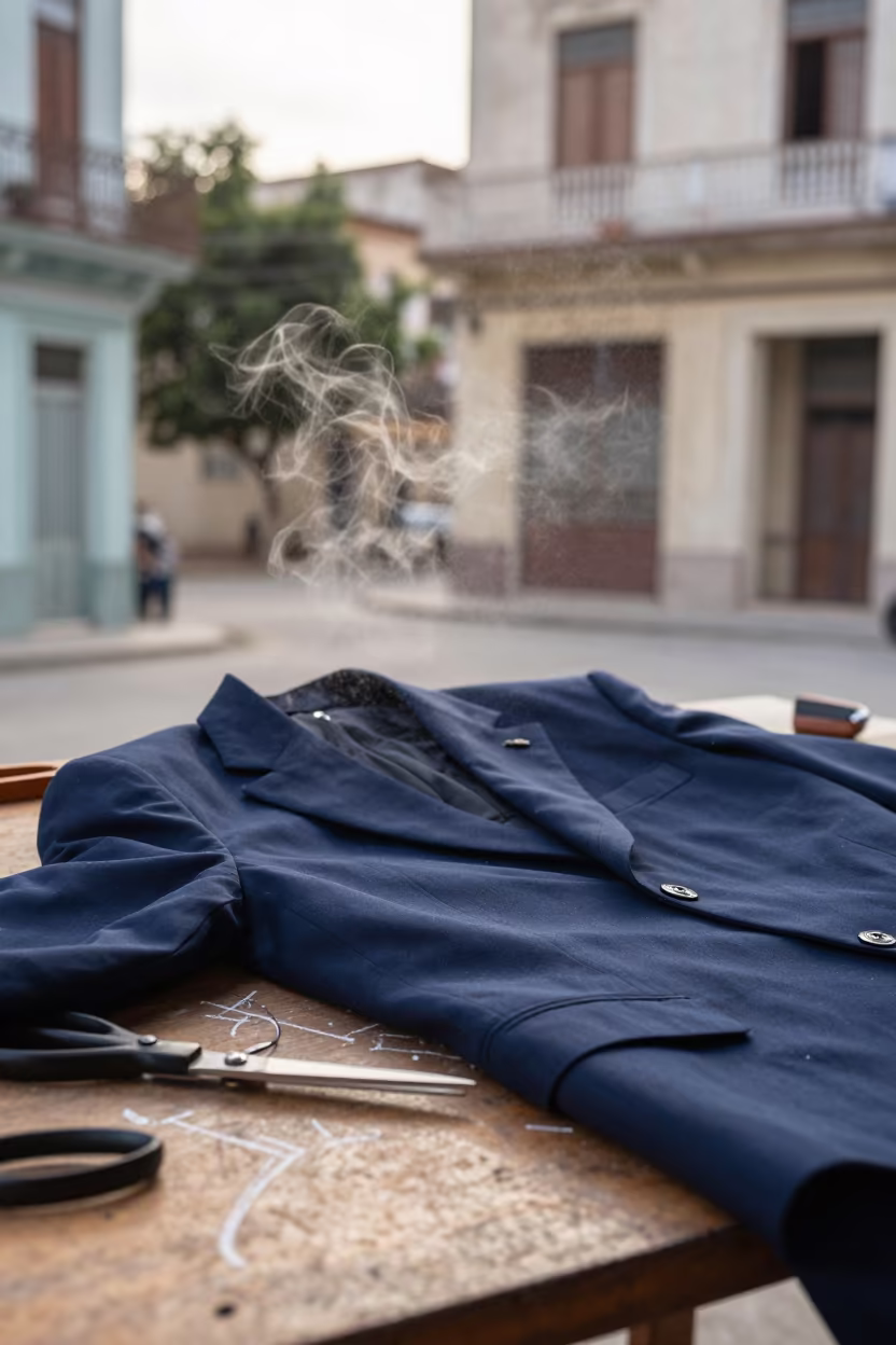 Windblown Fashion Editorial Havana Harbor Morning in at a tailoring table strewn with chalk and shears in Havana