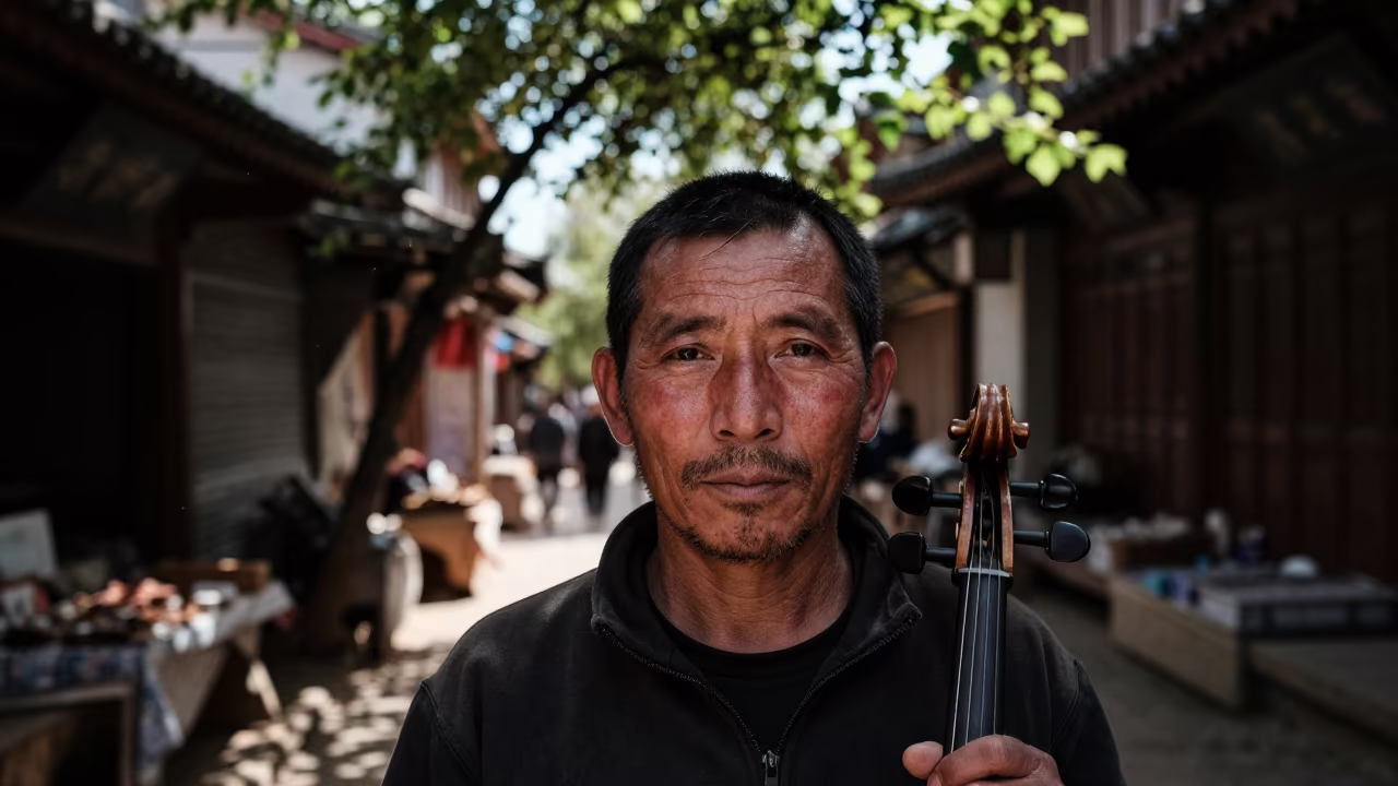 Windburned Violin Restorer in Lijiang Market in along a market lane in Lijiang