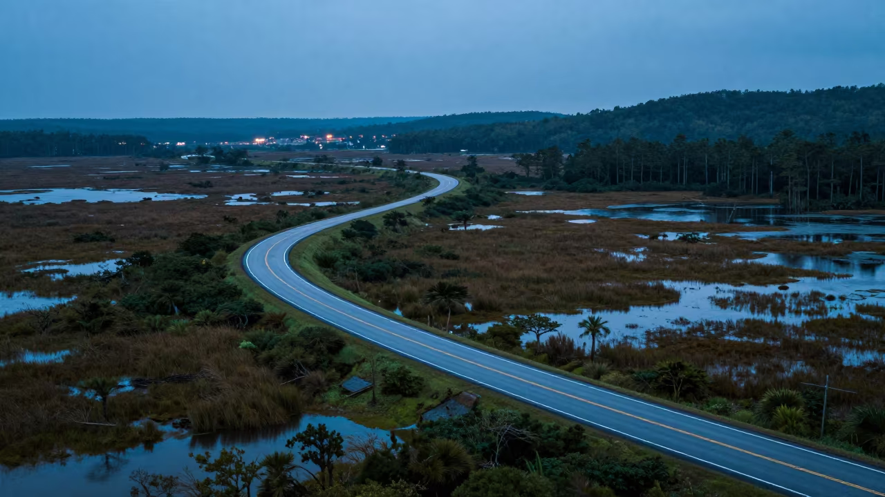 Winding Georgia Road Over Floodplain at Twilight in across a floodplain after rain in Georgia