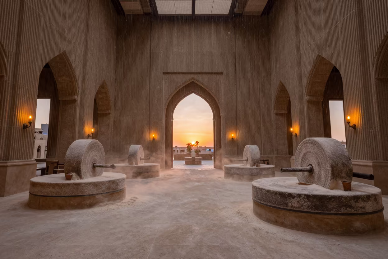 Windmill Interior with Grinding Stones and Dust in inside a ribbed concrete lobby in Jeddah