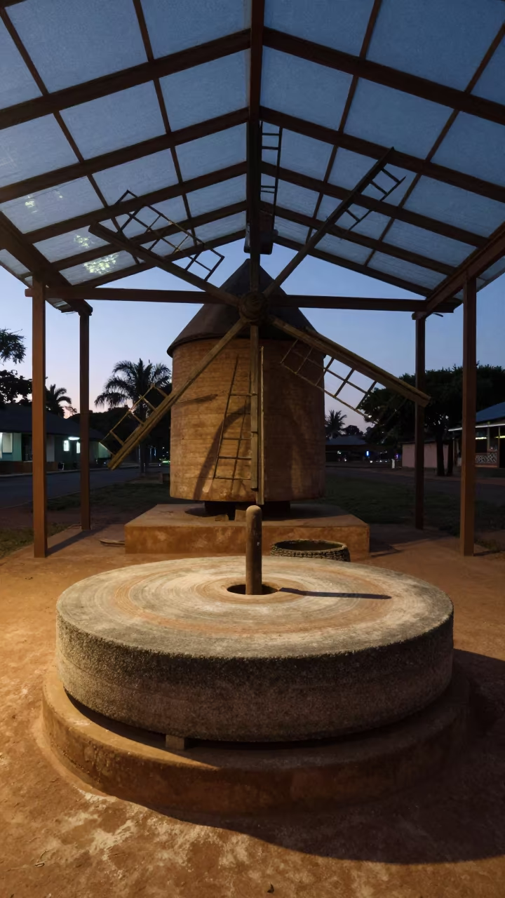 Windmill Interior Grinding Stones Flour Dust in inside a glass-roofed arcade in Mbuji-Mayi