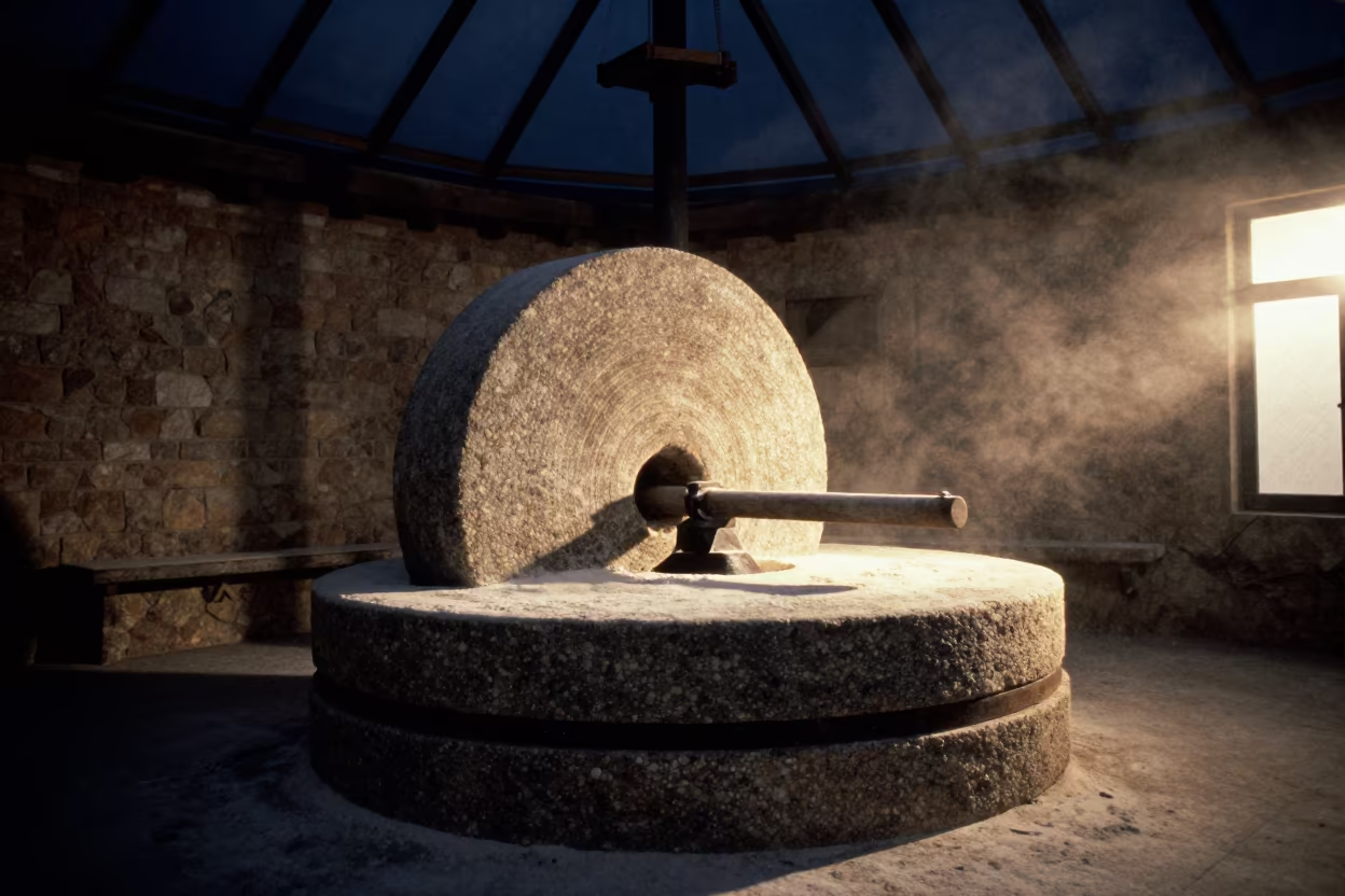 Windmill Interior Grinding Stones Midnight in inside a glass-roofed arcade near Giresun