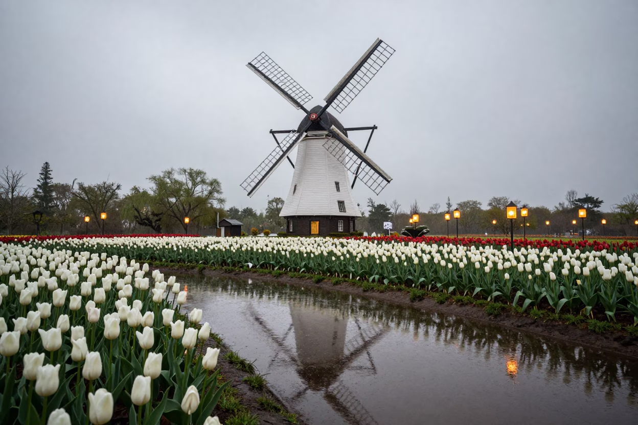 Windmill Reflected in Temple Pond Monsoon in in a lantern-lined temple precinct near Araure