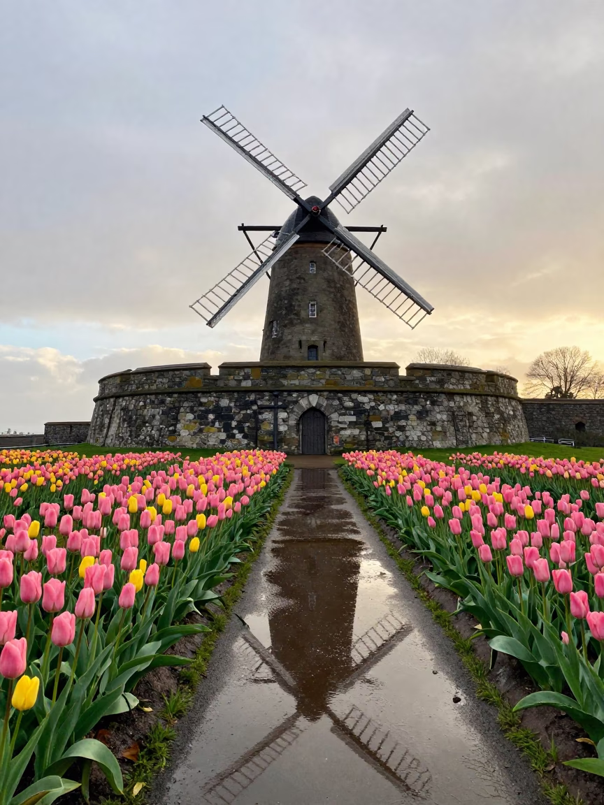 Windmill Reflected in Tulip Field Near Belfast in outside a wind-scoured fortress wall near Belfast