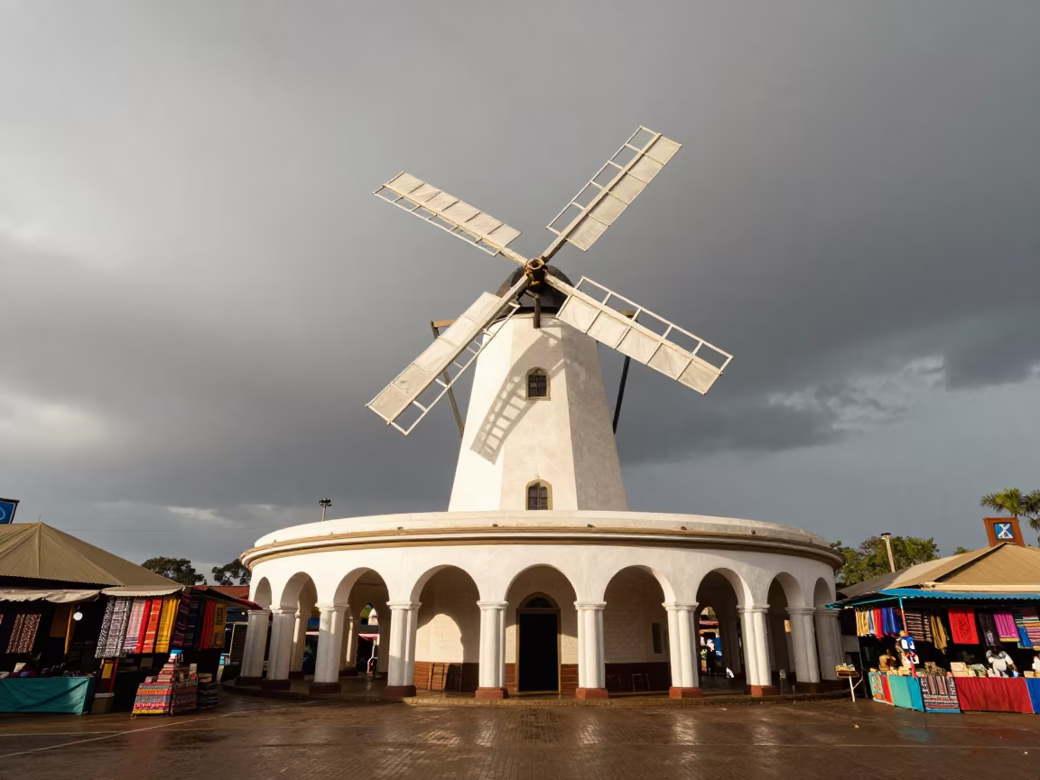 Windmill Sails Turning Against Stormy Sky Nairobi in along a colonnaded facade near Maasai Market, Nairobi