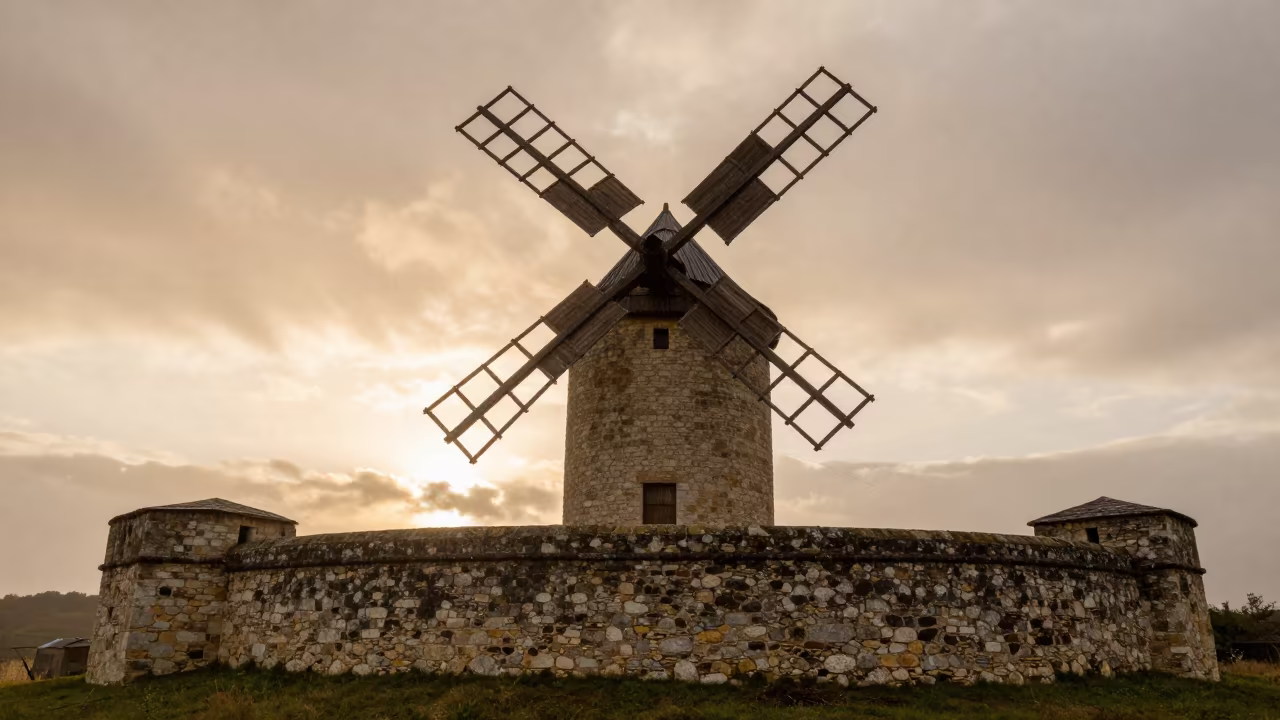 Windmill Turning at Sunset Beside Burgundy Fortress Wall in outside a wind-scoured fortress wall in Burgundy