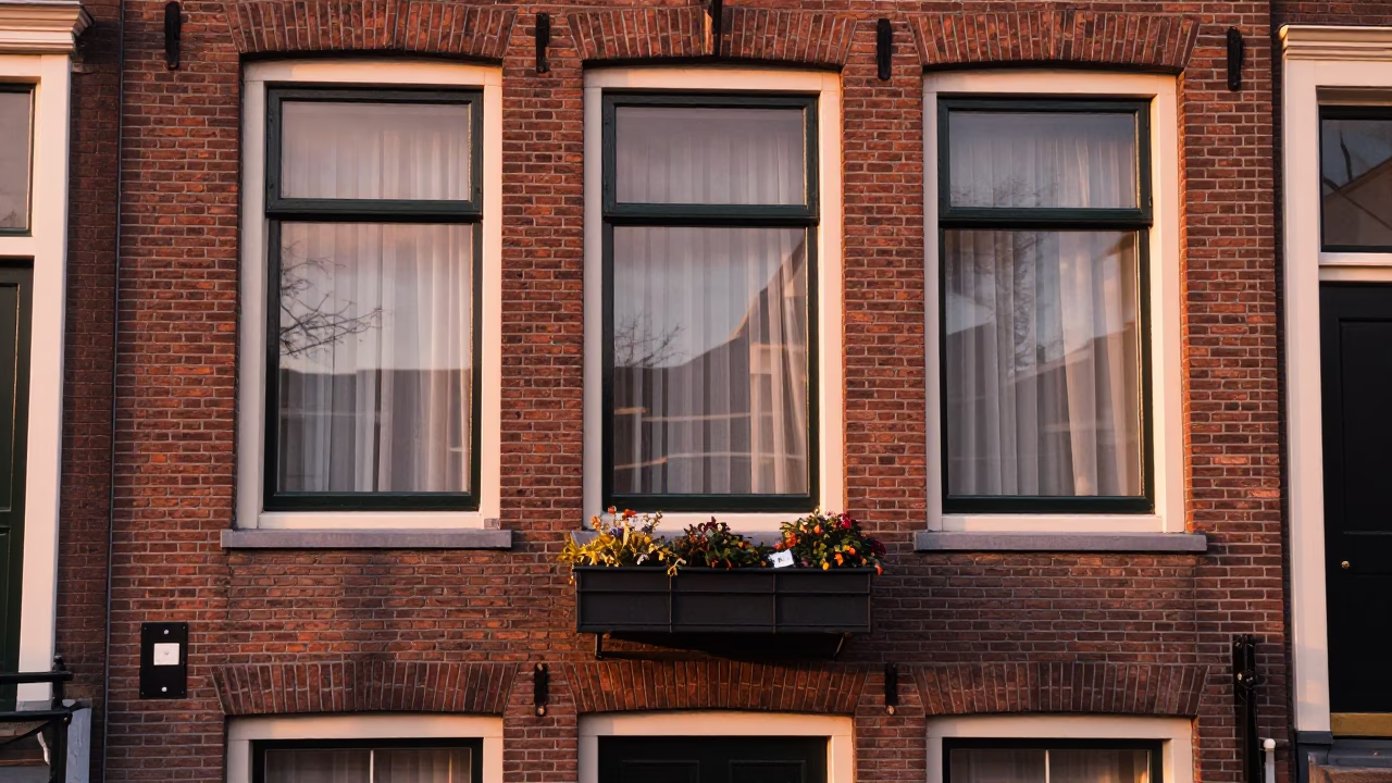 Window Box in Amsterdam at Copper-toned Light Before Dusk in in Amsterdam, Netherlands