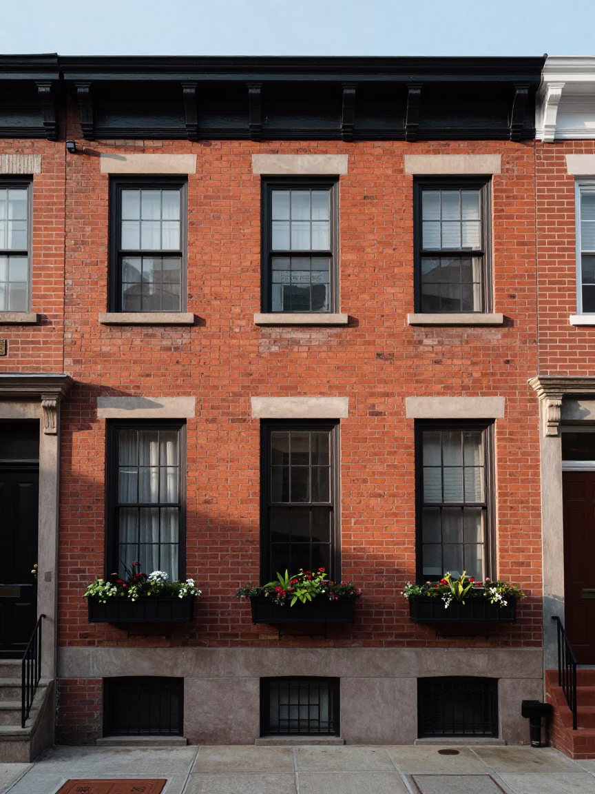 Window Boxes in Philadelphia at As First Light Reaches The Scene in in Philadelphia, Pennsylvania, United States