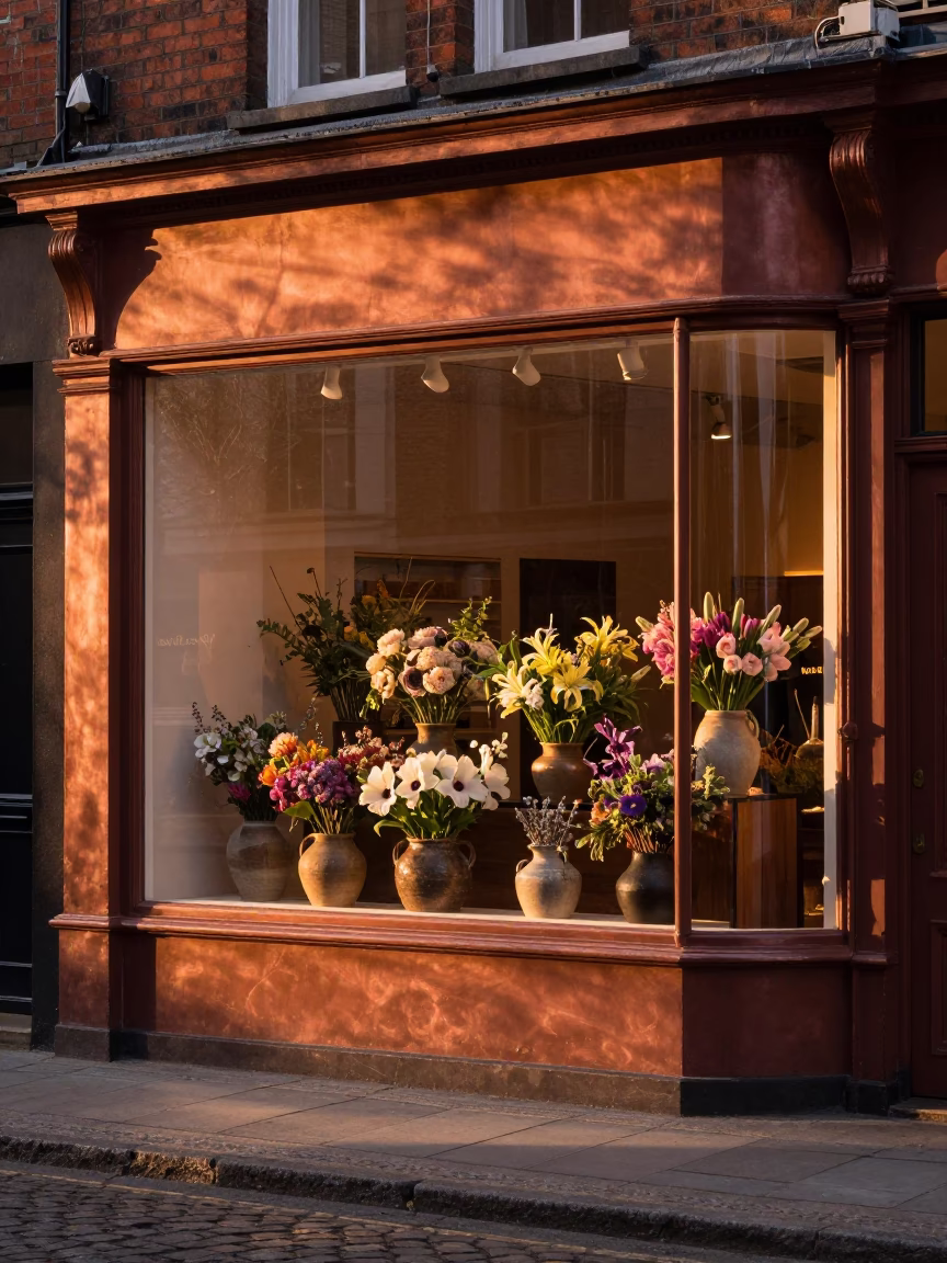 Window Display in Dublin at Copper-toned Light Before Dusk in in Dublin, Ireland
