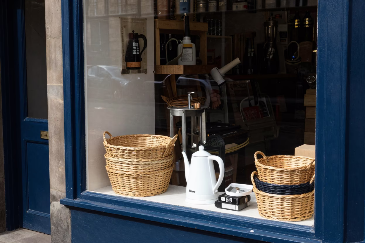 Window Display in Edinburgh at The Flat Glare Of Noon Light in in Edinburgh, United Kingdom
