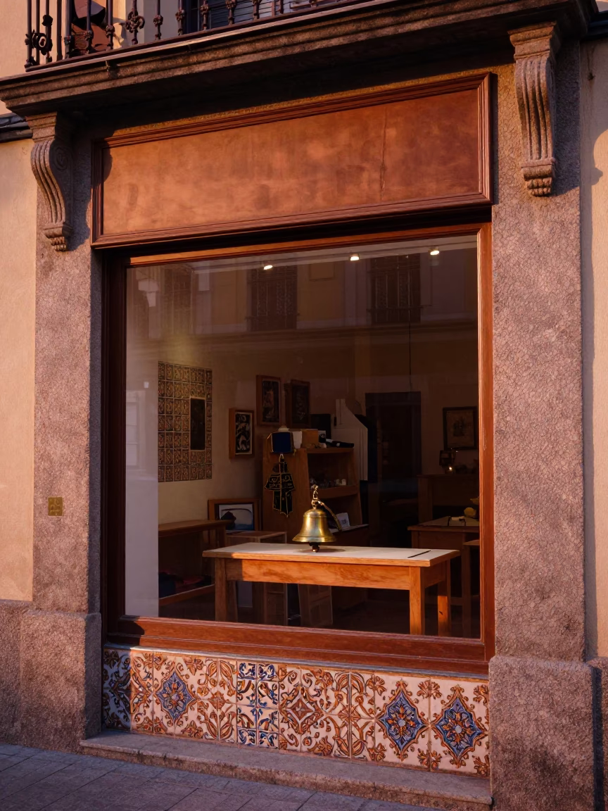 Window Display in Madrid at Copper-toned Light Before Dusk in in Madrid, Spain