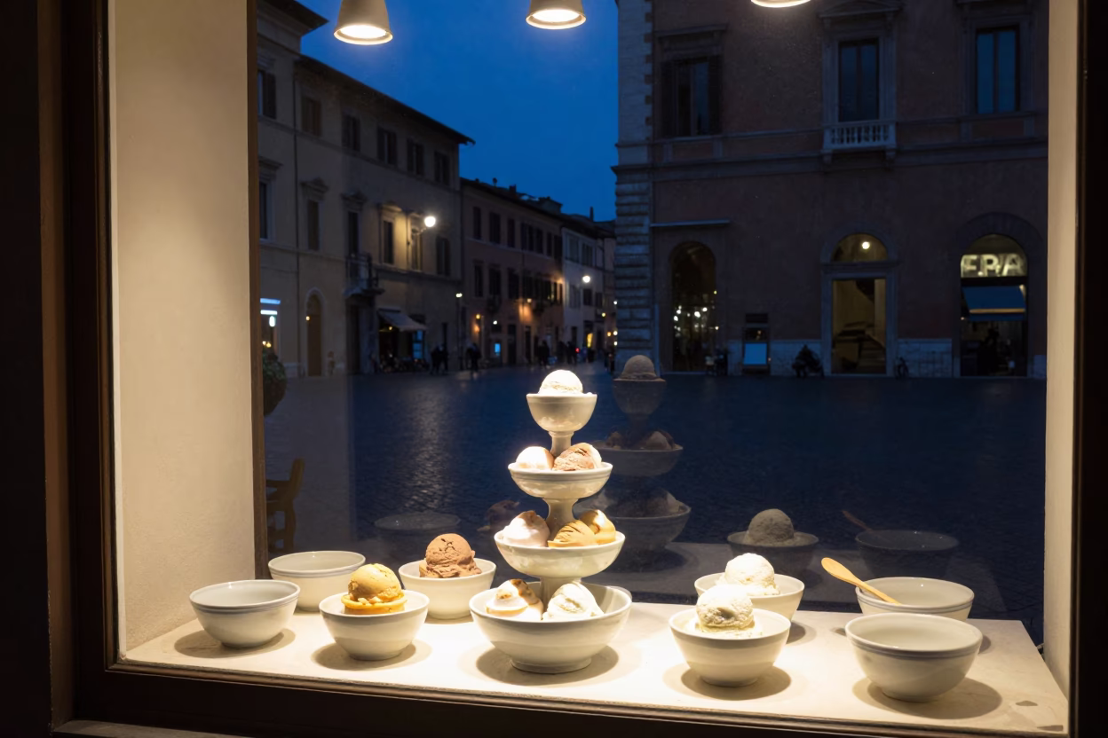 Window Display in Rome at Midnight Light in in Rome, Italy