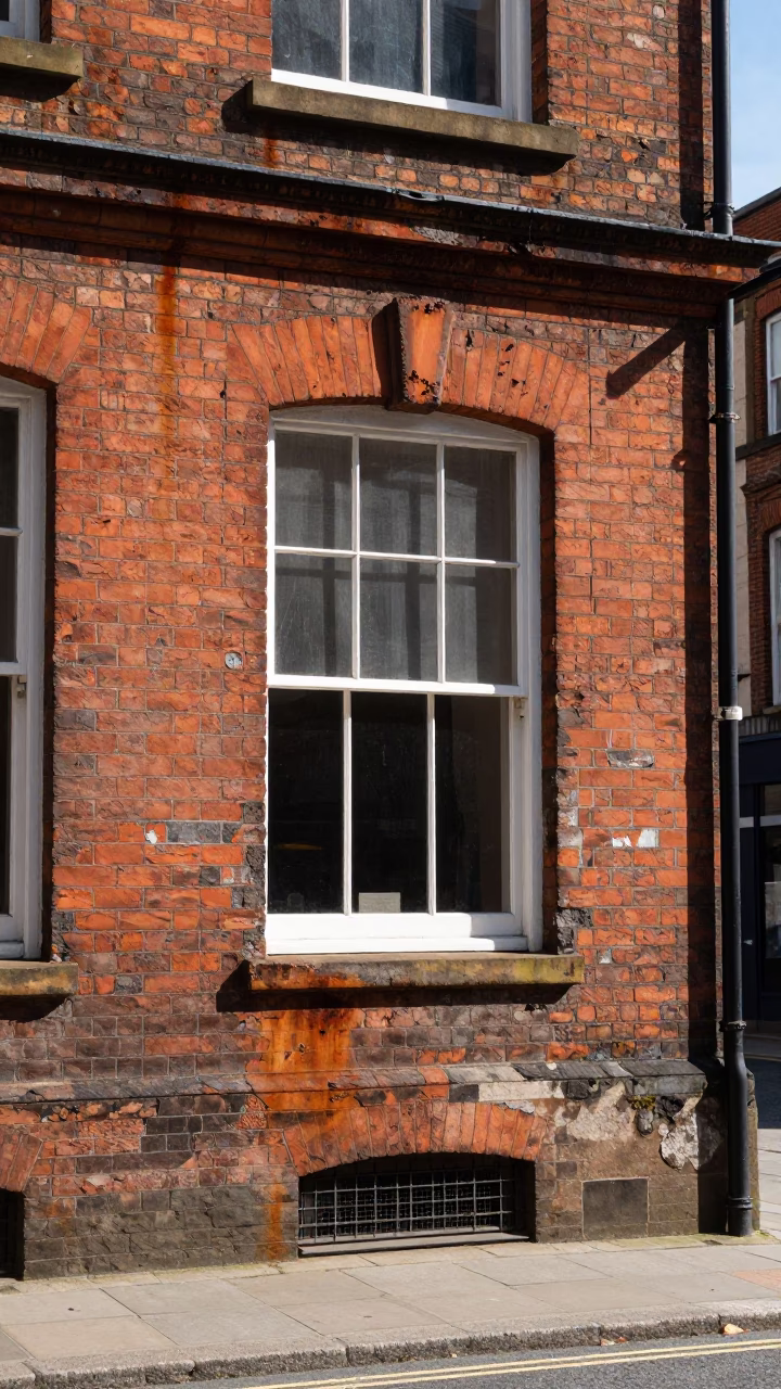 Window Frame And Urban Decay Midday Street Scene in Liverpool in in Liverpool, United Kingdom