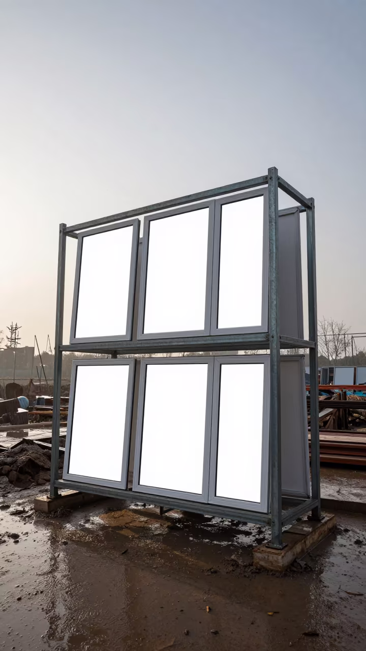 Window Mockup Spray Rack in Suzhou Rain in at a muddy site access road in Suzhou