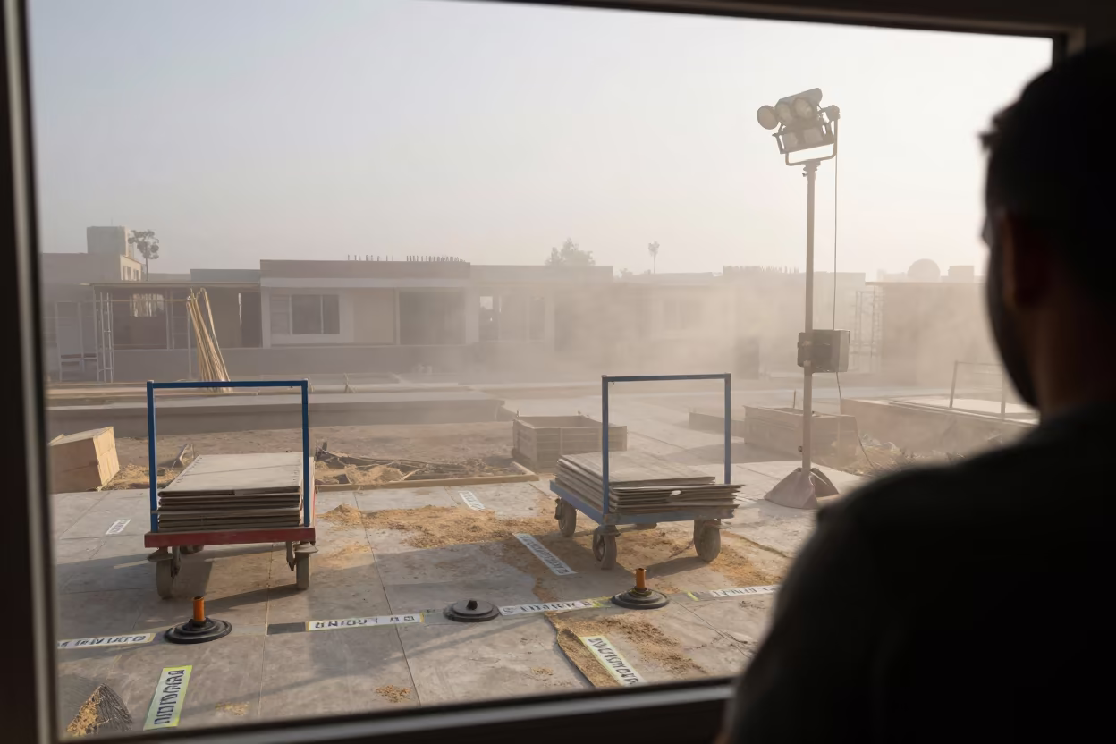 Window Staging Area with Frame Carts in on an active construction deck near Kandahar