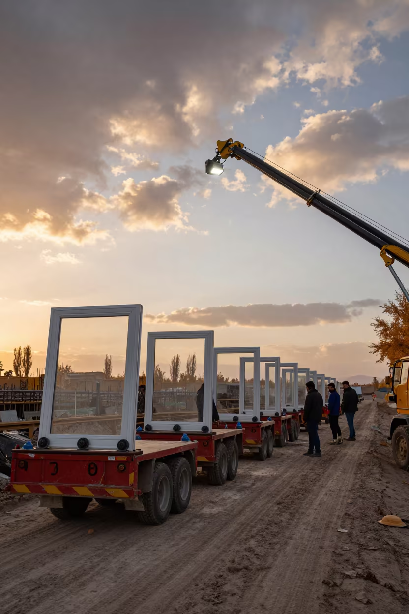 Window Staging Area in Late Autumn Tajikistan in at a muddy site access road in Tajikistan