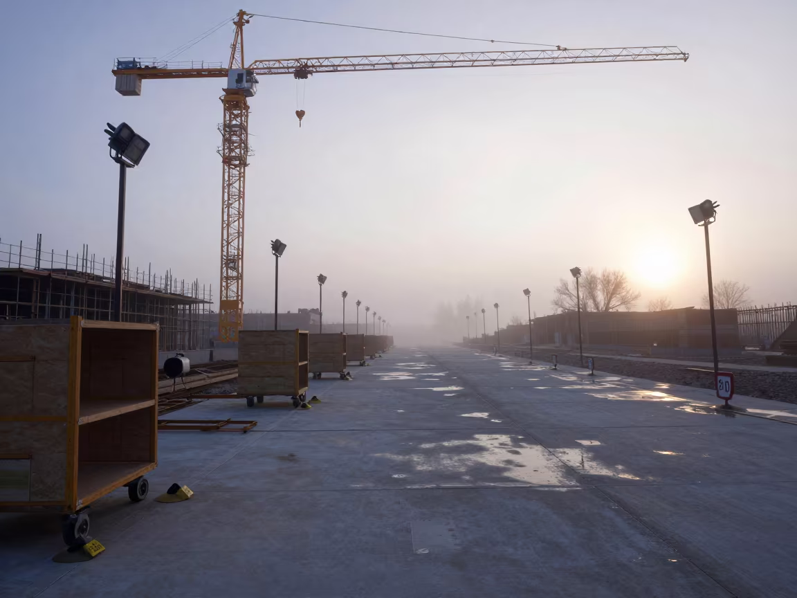 Window Staging Area Under Crane in Utah Morning Mist in beneath a tower crane on open ground in Utah
