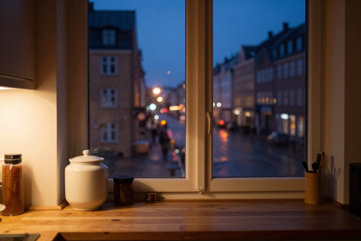 Window View after dark in Copenhagen in in Copenhagen, Denmark