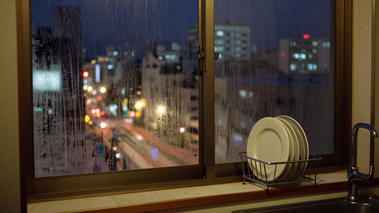 Window View after dark in Sapporo in in Sapporo, Japan