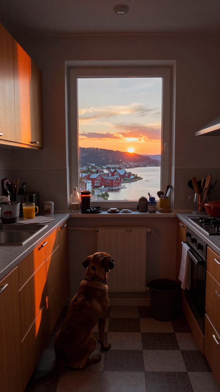 Window View in Bergen at As The Sun Drops Toward The Horizon in in Bergen, Norway