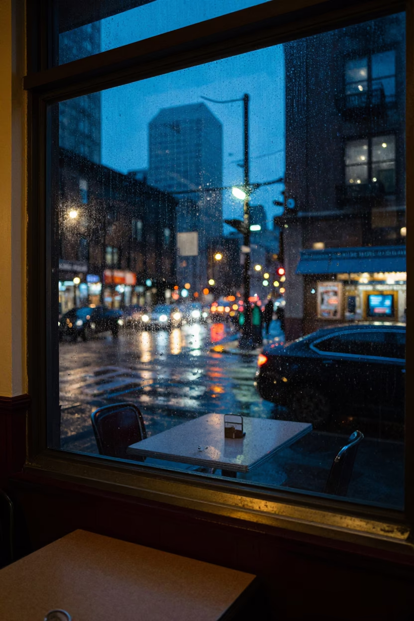 Window View in Chicago at As City Lights Begin To Glow in in Chicago, Illinois, United States