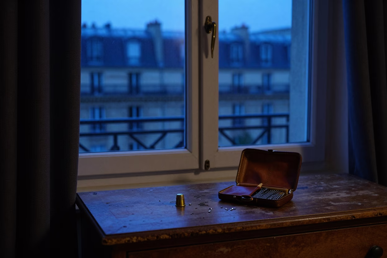 Window View in Paris at Midnight Light in in Paris, France