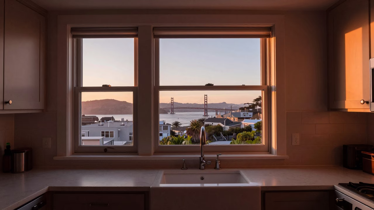 Window View in San Francisco at Copper-toned Light Before Dusk in in San Francisco, California, United States