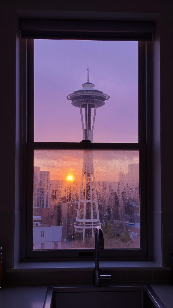 Window View in Seattle at As The Sun Drops Toward The Horizon in in Seattle, Washington, United States