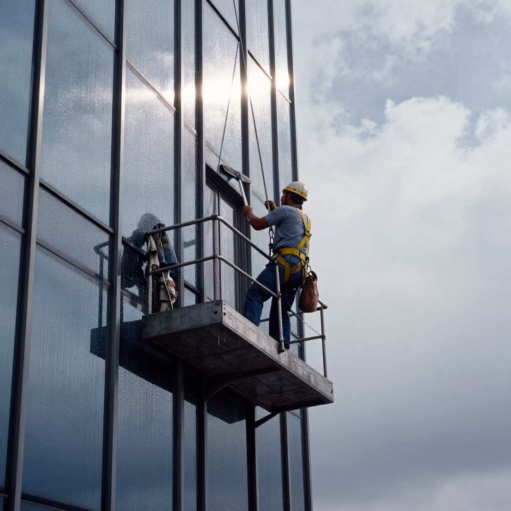 Window Washer on Hanoi Skyscraper Platform in near Hanoi