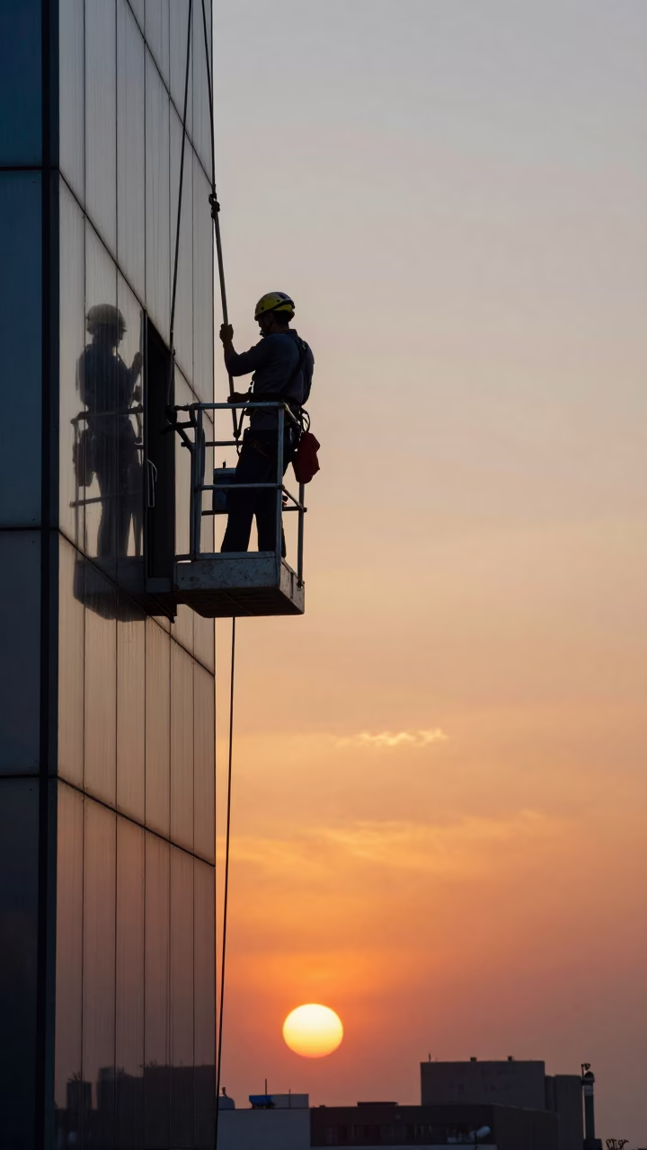 Window Washer on Skyscraper Platform Against Sunset Sky in Mexico City in in Mexico City, Mexico