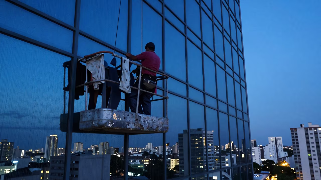 Window Washer on Recife Skyscraper at Blue Hour in near Recife