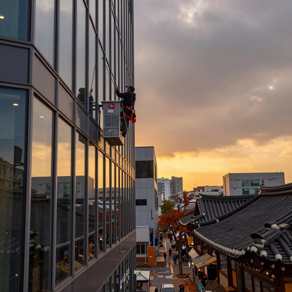 Window Washer Silhouette on Seoul Market Lane in along a market lane in Seoul