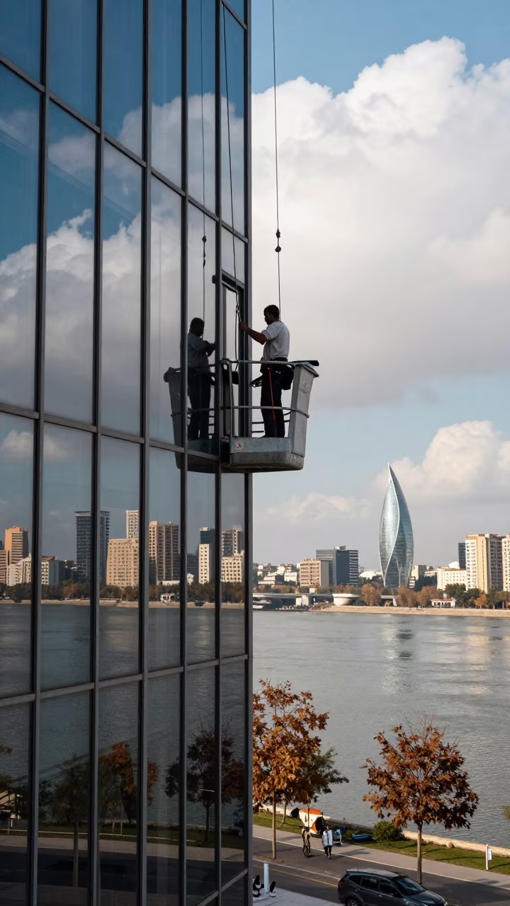 Window Washer on Skyscraper at Baghdad Harbor in at a harbor edge in Baghdad