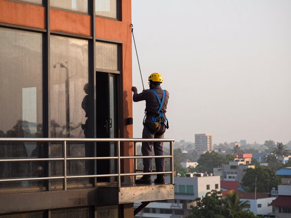 Window Washer on Skyscraper at Golden Hour in near Saharanpur